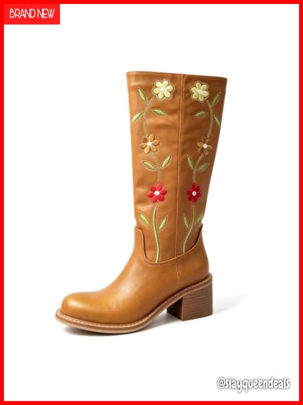 Floral Embroidered Western Cowboy Boots Mid Calf Square Heel Pull On Faux